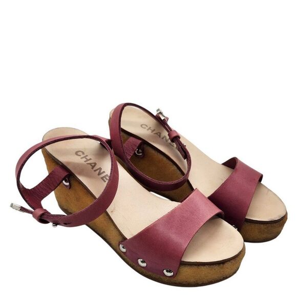 Chanel Chunky Platform Wedge Sandals 35.5 5 Ankle Strap Purple Pink Leather 70s - Picture 3 of 9